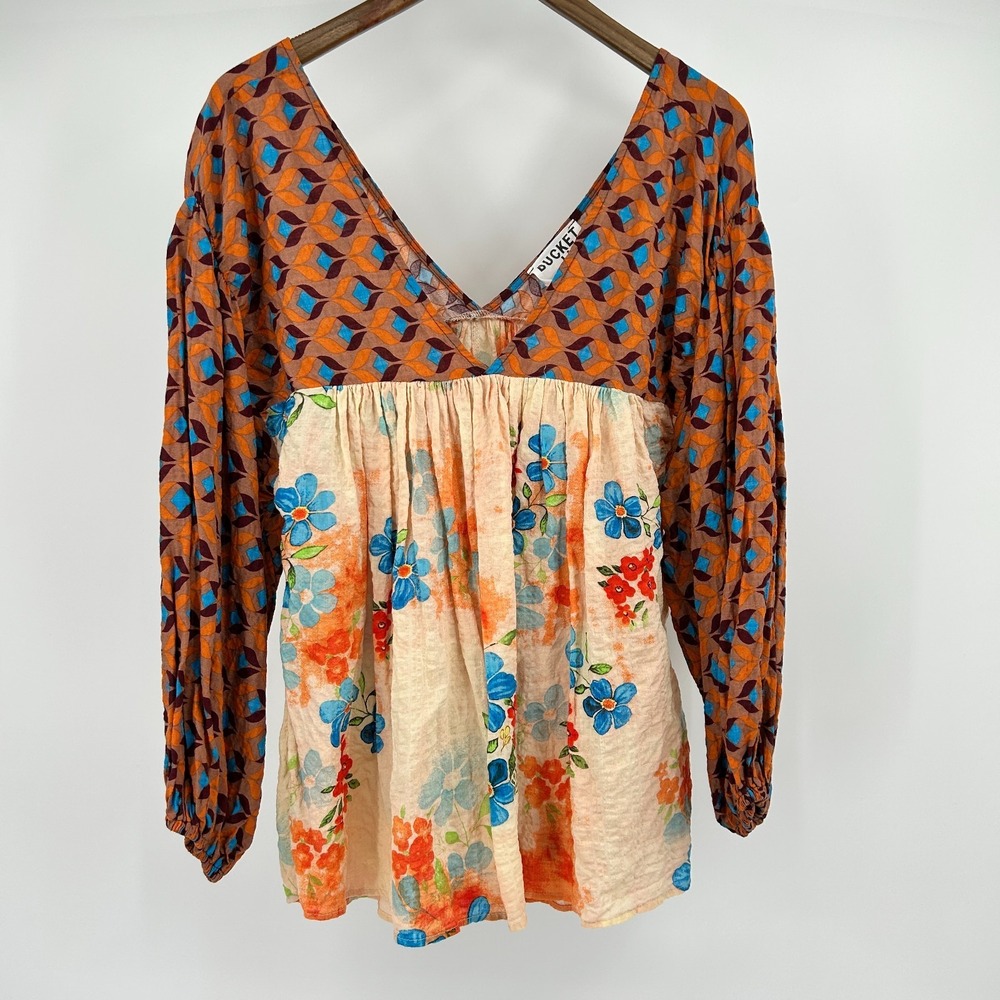 Floral Boho Hippie Babydoll Top Womens L Cotton Earthy Granola Retro Peasant